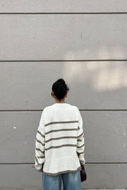 Ekru Kahve Çizgili Oversize Triko Kazak SY-2401-Ekru