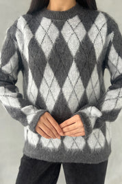 Gri Bisiklet Yaka Baklava Desenli Kazak SY-2789-Gri