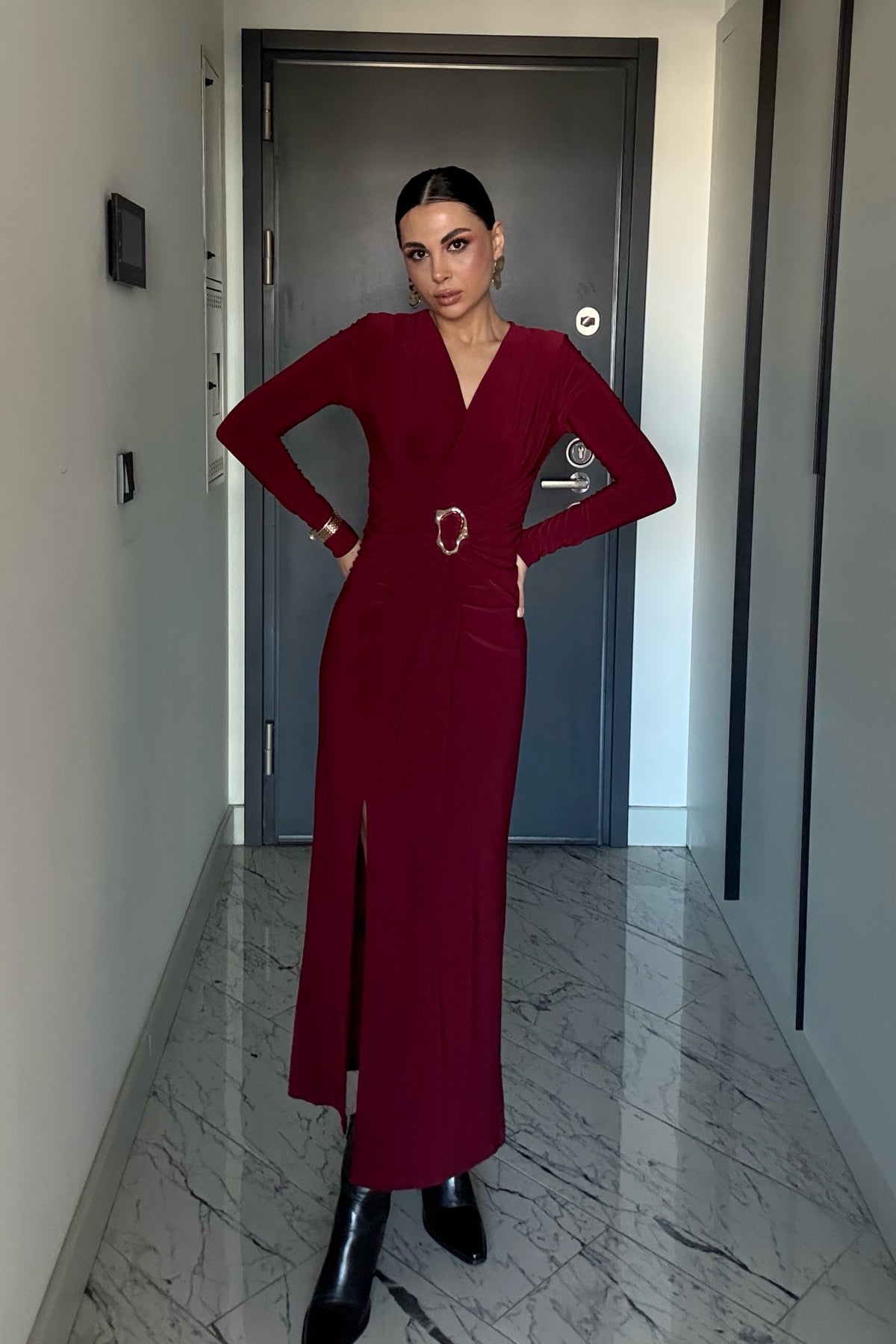 Kruvaze Yaka Uzun Kol Tokalı Bordo Elbise SY-3520-Bordo