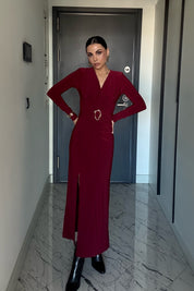 Kruvaze Yaka Uzun Kol Tokalı Bordo Elbise SY-3520-Bordo