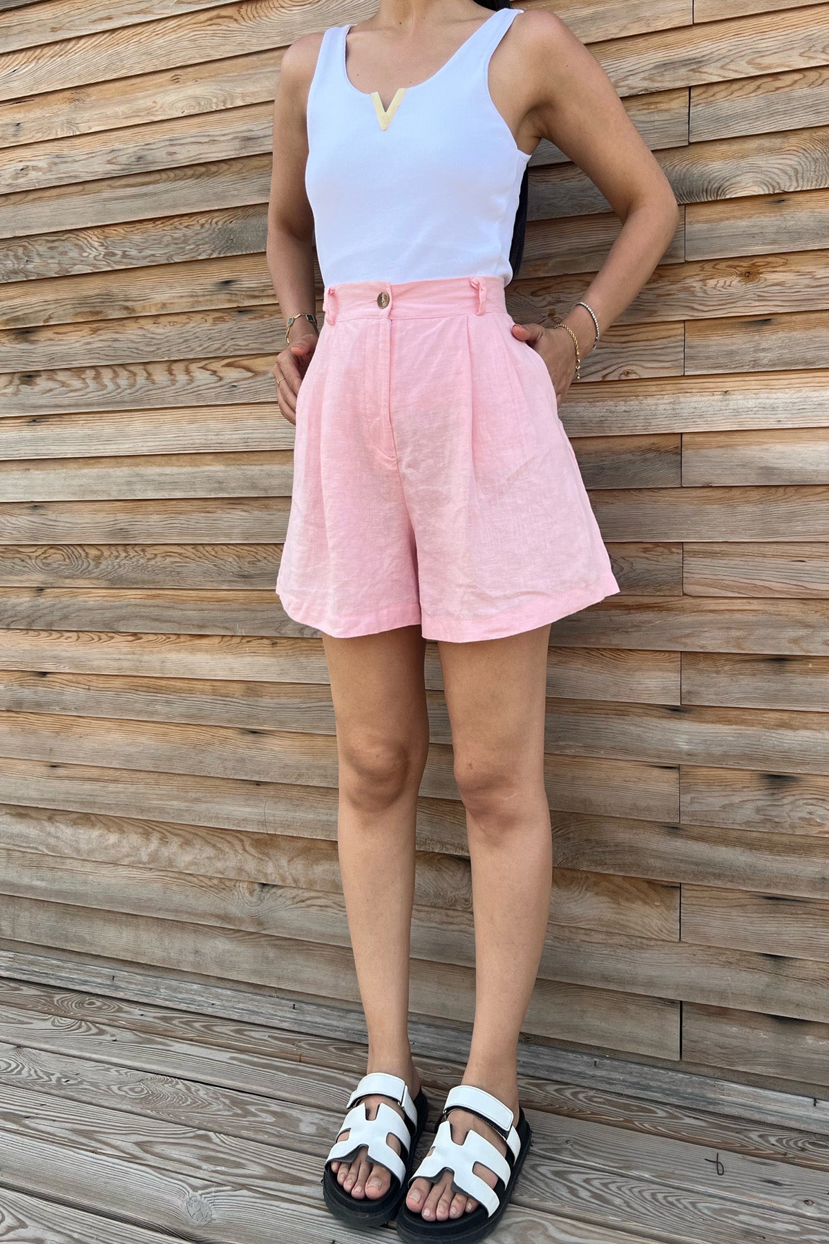 Pembe Pile Detaylı Keten Şort SY-2187-Pembe