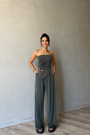 Açık Haki Büzgü Detaylı Bluz ve Salaş Pantolon Takım SY-2144-Açık Haki