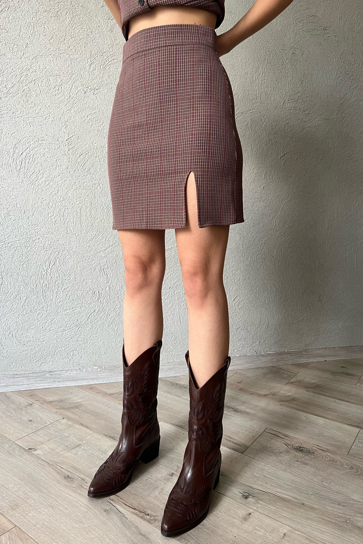 Kahverengi Önden Yırtmaçlı Etek SY-1270-Kahverengi