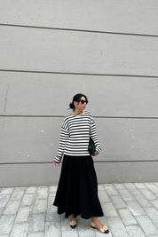 Ekru Siyah Çizgili Kolu Katlama Dikişli Uzun Kollu Triko SY-2505-Ekru