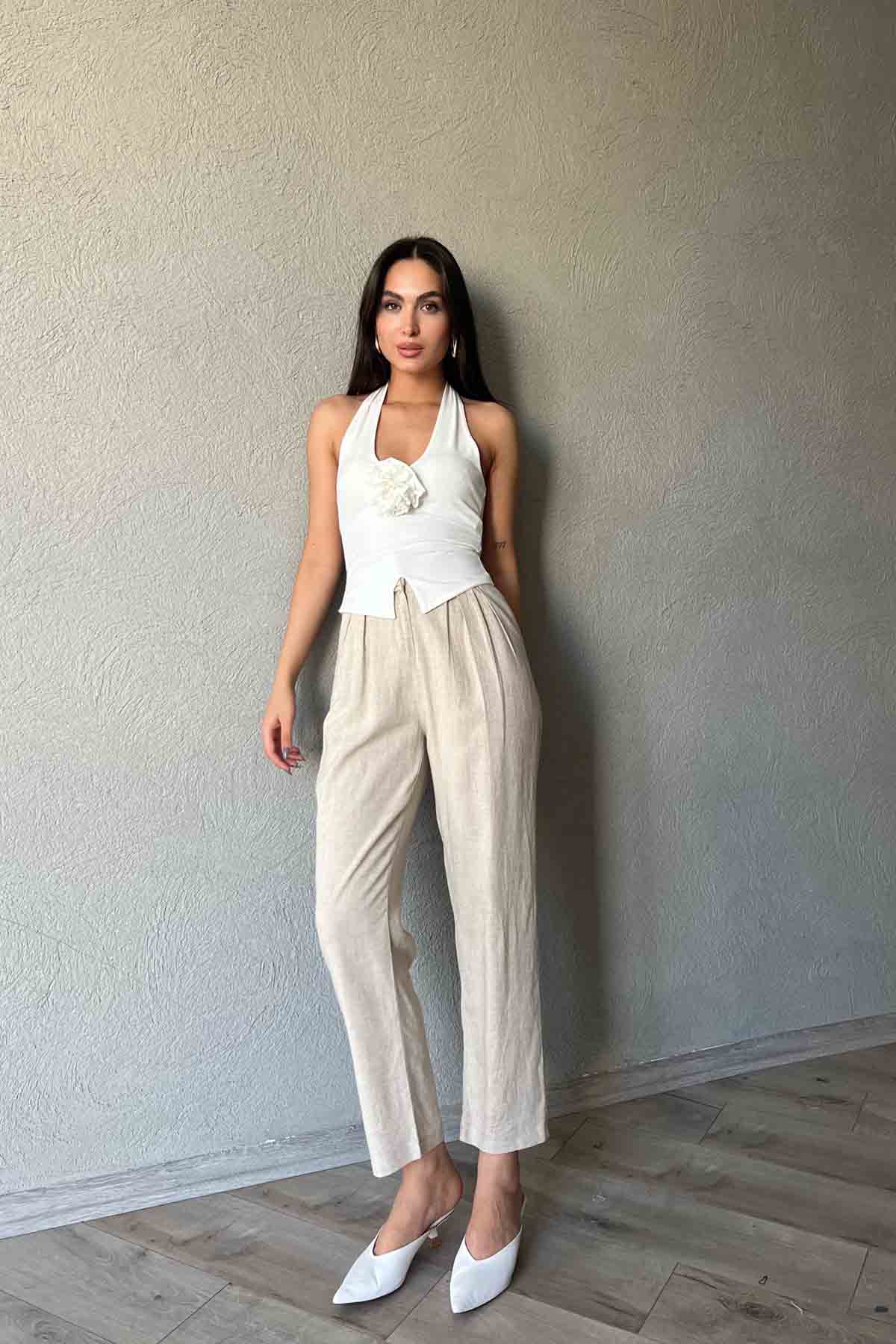 Bej Naturel Önü Pile Detaylı Yüksek Bel Pantolon SY-1773-Bej