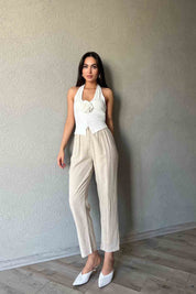 Bej Naturel Önü Pile Detaylı Yüksek Bel Pantolon SY-1773-Bej