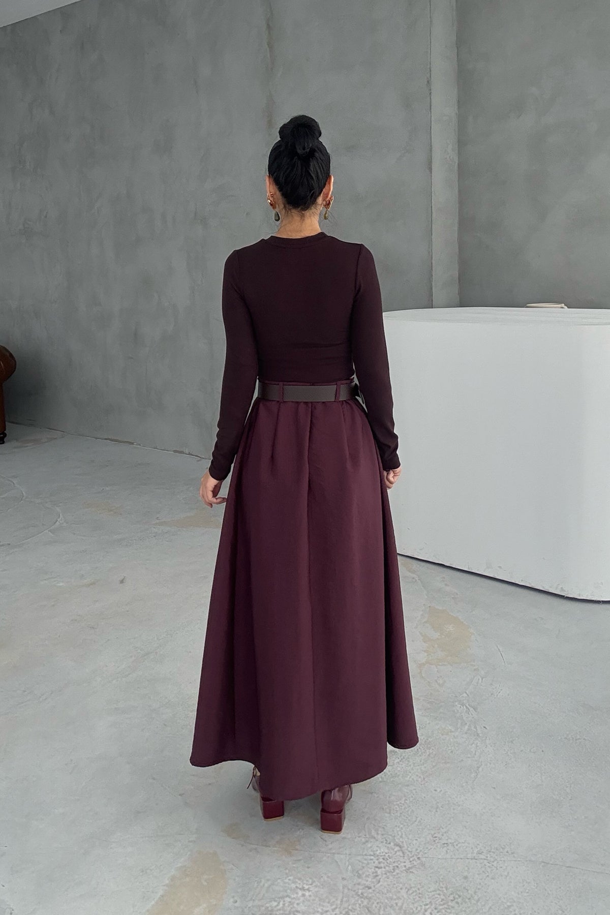 Mürdüm Kemer Detaylı Etek SY-3359-Mürdüm
