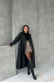 Siyah Kemerli Düğmeli Premium Deri Trençkot SY-2610-Siyah