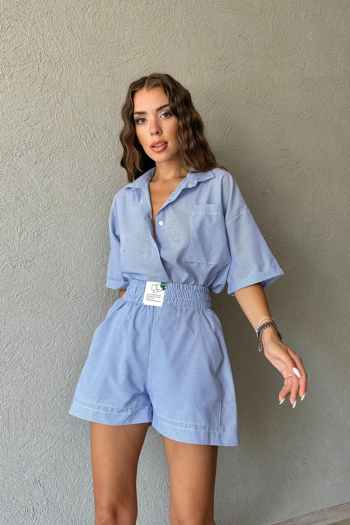 Mavi Çizgili Poplin Gömlek ve Arma Detay Şort Takım SY-0771-Mavi