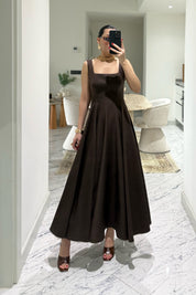 Kahve Kare Yaka Füsun Prenses Elbise SY-3649-Kahve