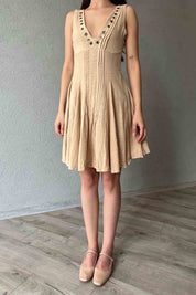 Bej Yaka Detaylı Kloş Keten Elbise SY-1981-Bej