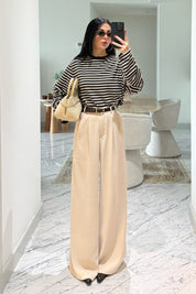 Bej Kadın Yüksek Bel Pileli Palazzo Pantolon SY-3646-Bej