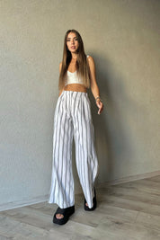 Beyaz Çift Çizgili Pantolon SY-0744-Beyaz