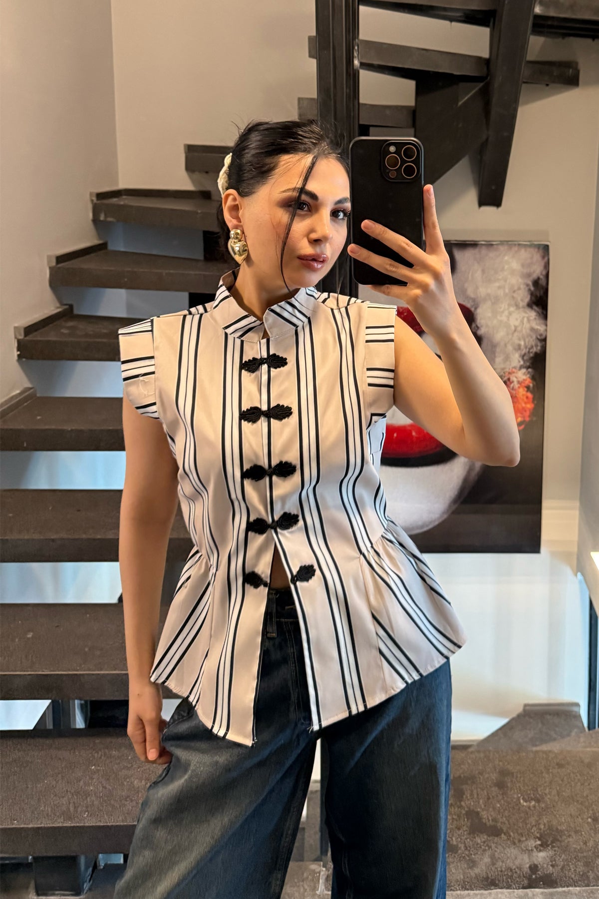Bej Çizgili Napolyon Bluz SY-3697-Bej