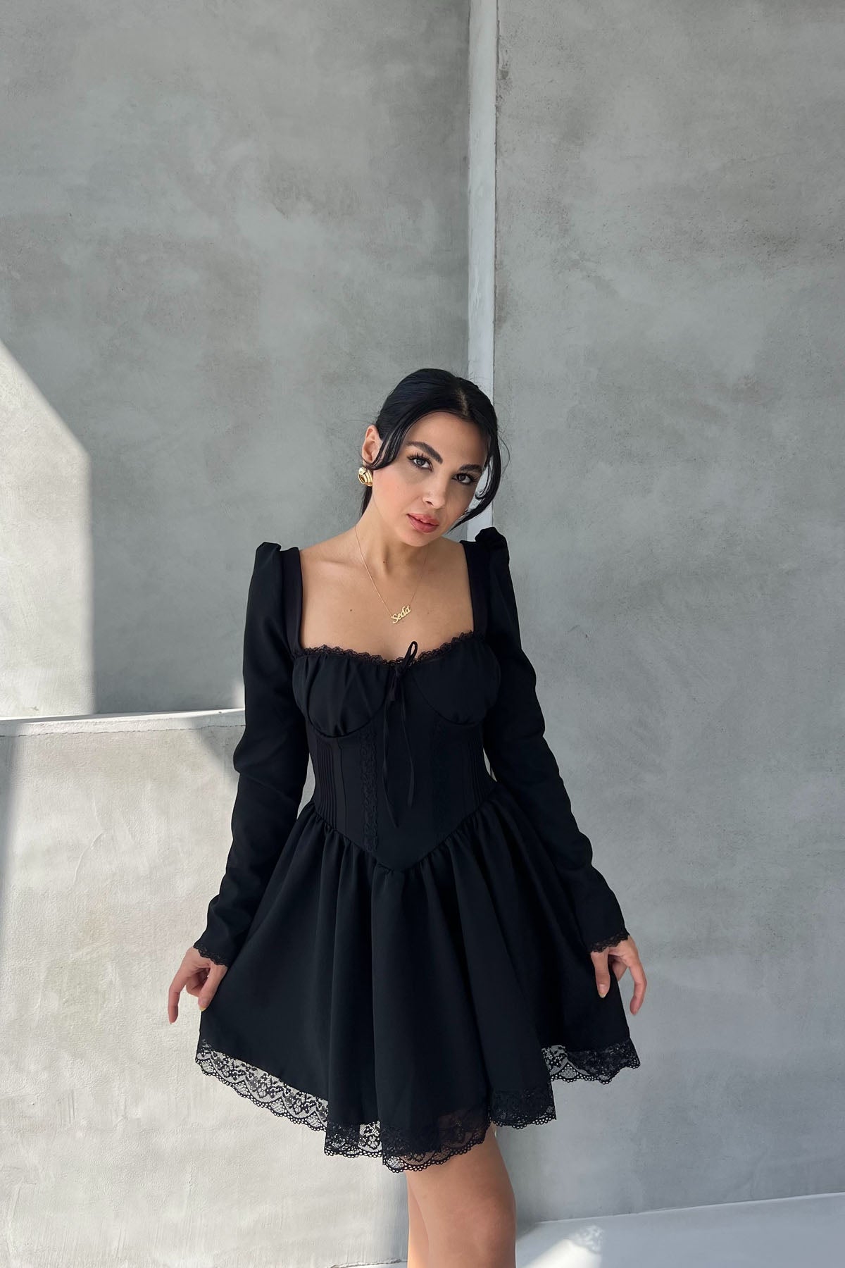 Siyah Dream Korse Detaylı Uzun Kollu Elbise SY-2620-Siyah