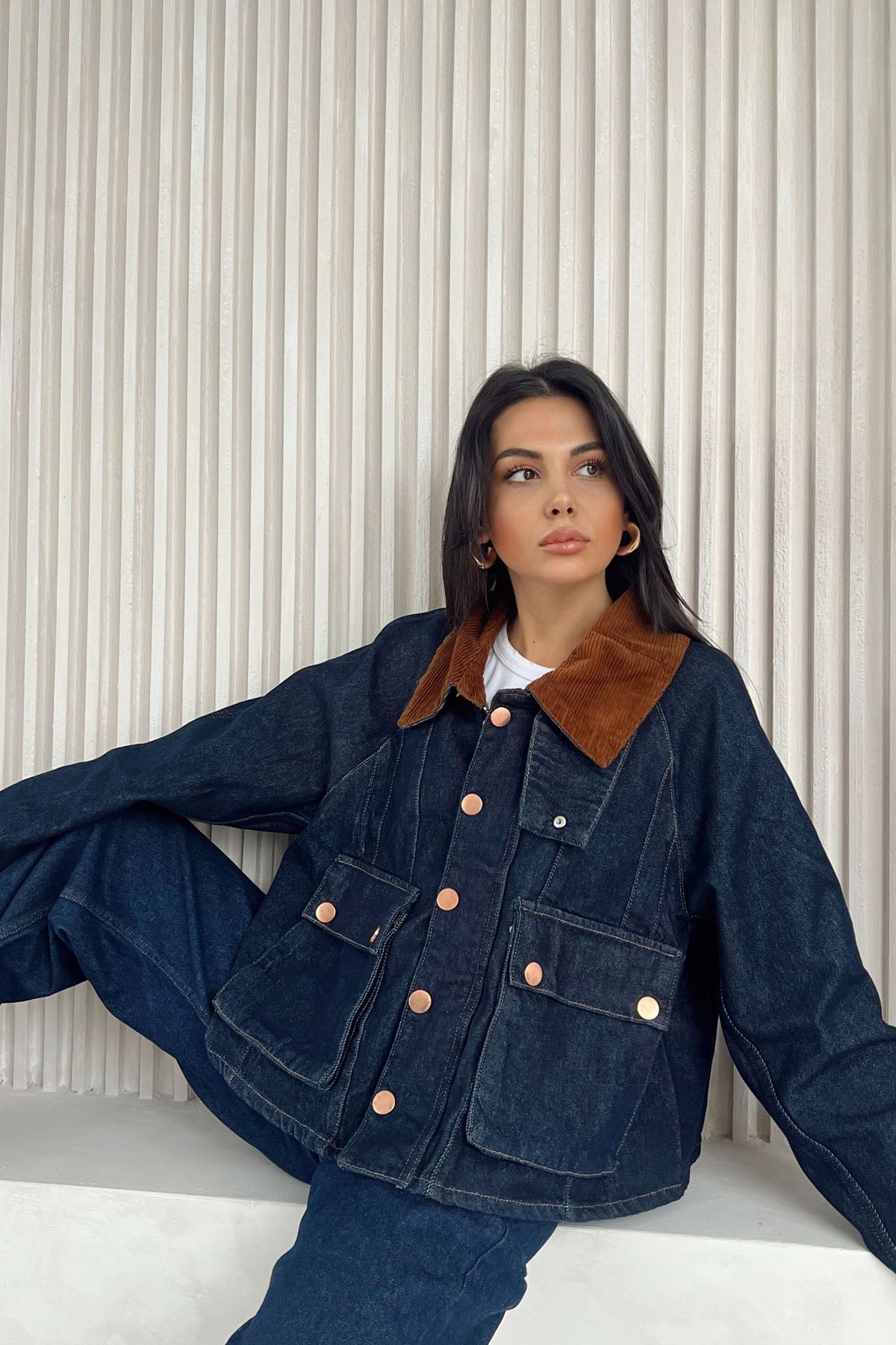 Lacivert Kadife Yaka Kargo Cep Detaylı Denim Ceket SY-2532-Lacivert
