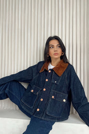 Lacivert Kadife Yaka Kargo Cep Detaylı Denim Ceket SY-2532-Lacivert