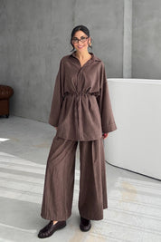 Kahve Çizgili Pantolon Üst Takım SY-3431-Kahve