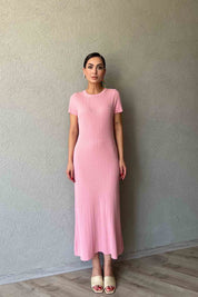 Pembe Kısa Kol Fitilli Midi Boy Triko Elbise SY-2111-Pembe