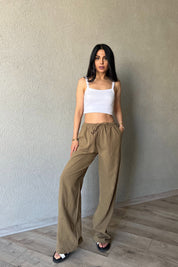 Haki Yama Cep Detaylı Bol Paça Keten Pantolon SY-2041-Haki