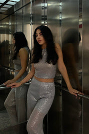 Gümüş Pullu Transparan Bluz ve Beli Lastikli Pantolon Takım SY-1141-Gümüş