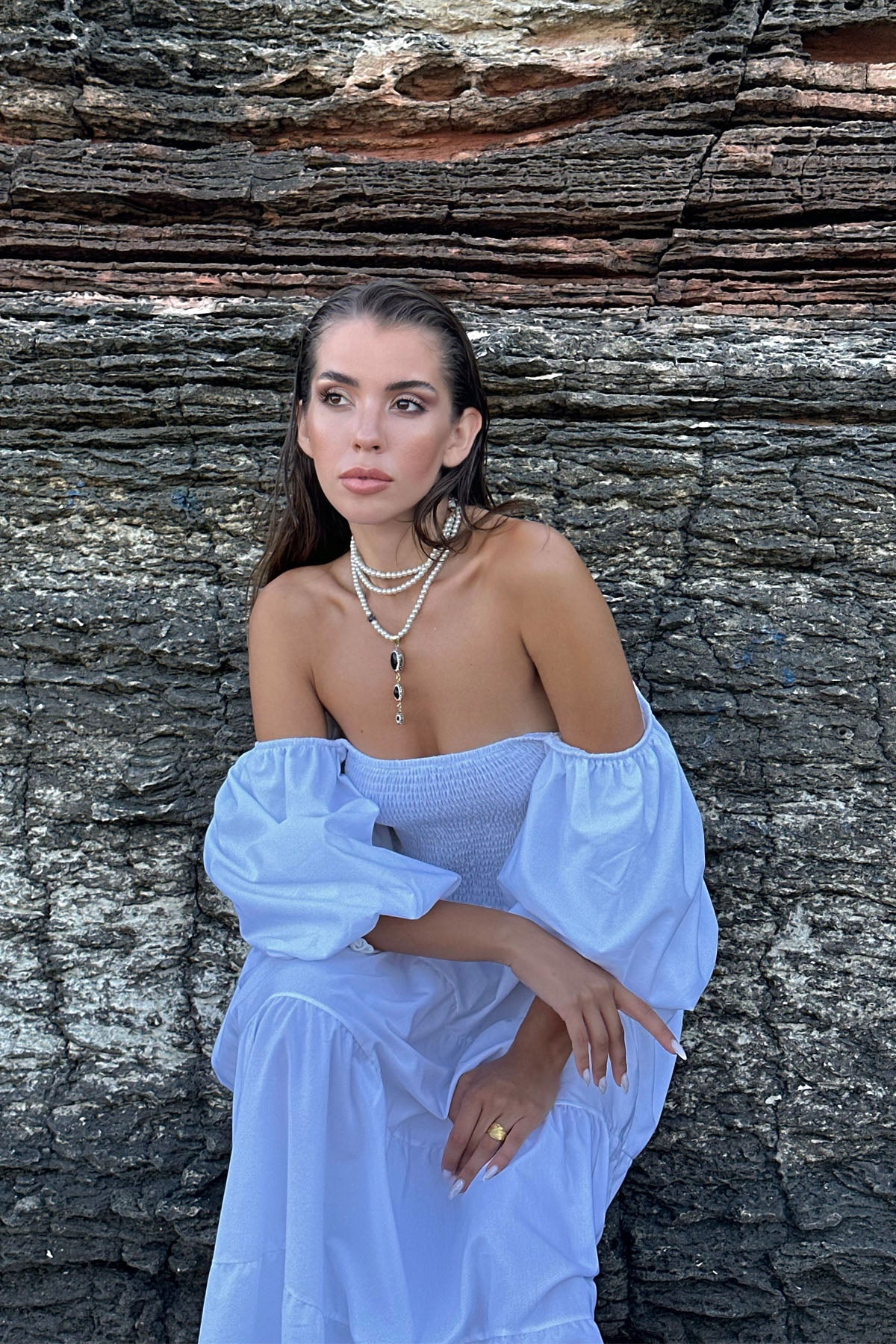 Beyaz Balon Kol Gipe Detaylı Elbise SY-0801-Beyaz