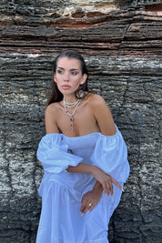 Beyaz Balon Kol Gipe Detaylı Elbise SY-0801-Beyaz