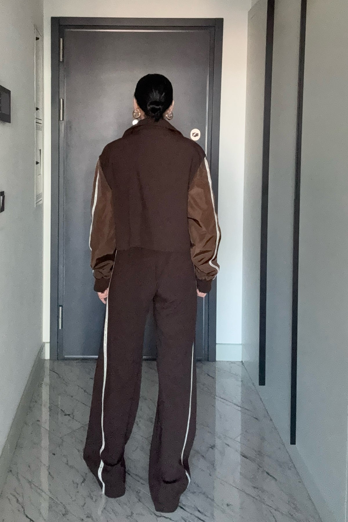 Kahverengi Şerit Yazı Detaylı Yüksek Bel PANTOLON SY-3392-Kahverengi