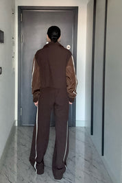 Kahverengi Şerit Yazı Detaylı Yüksek Bel PANTOLON SY-3392-Kahverengi