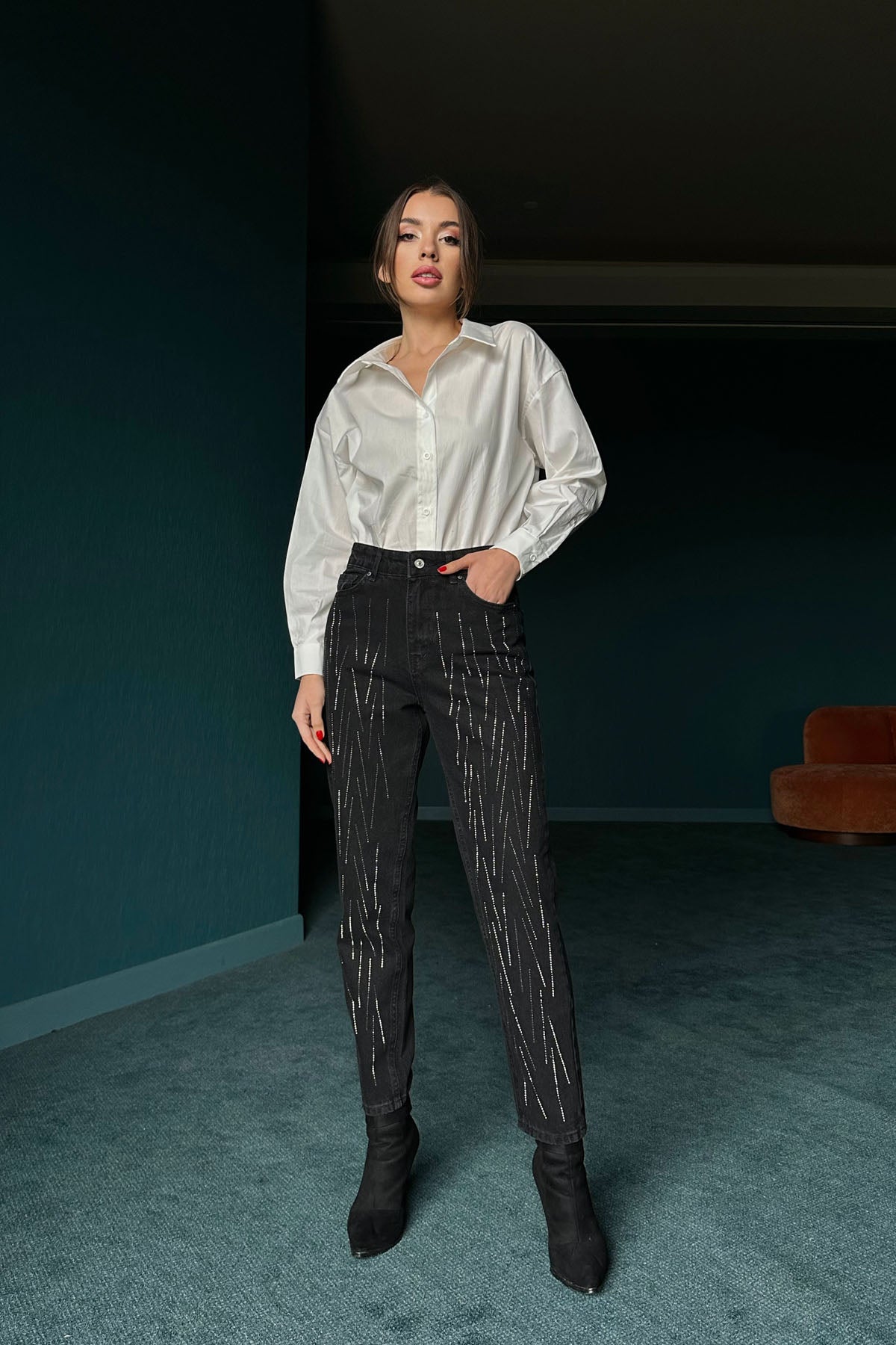 Koyu Füme Taşlı Yüksek Bel Mom Fit Jean SY-0004-Koyu Füme
