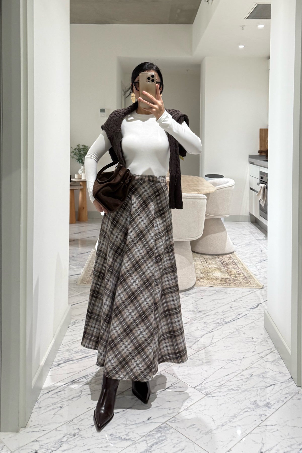 Kahve-Ekru Ekose Desenki Kloş Etek SY-3527-Ekru