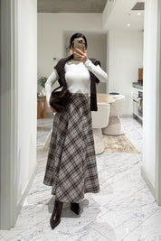 Kahve-Ekru Ekose Desenki Kloş Etek SY-3527-Ekru