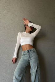 Ekru Uzun Kol Basic Crop Bluz SY-1637-Ekru