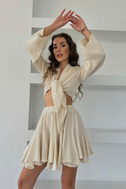 Bej Bağlama Detay Bluz ve Fırfırlı Etek Takım SY-0401-Bej