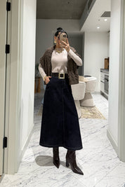 Lacivert A Kesim Kemerli Midi Kot Etek SY-3491-Lacivert