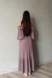 Mürdüm Düşük Kol Balenli  Gofre Kumaş Uzun Elbise SY-1779-Mürdüm