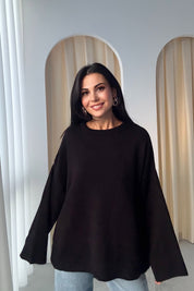 Siyah Bisiklet Yaka Oversize Pinterest Triko Kazak SY-3343-Siyah