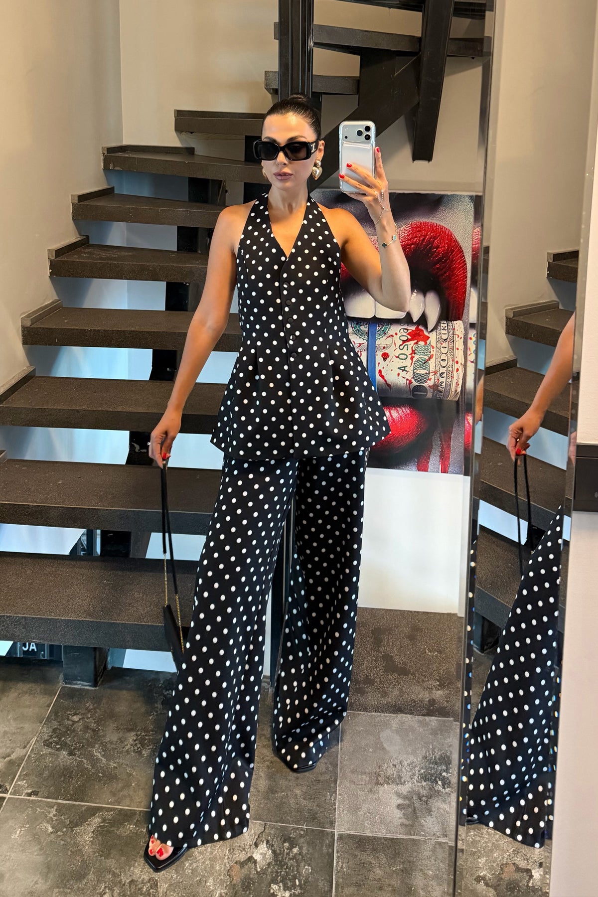 Lacivert Puantiyeli Bluz ve Bol Paça Pantolon İkili Takım SY-3738-Lacivert