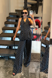 Lacivert Puantiyeli Bluz ve Bol Paça Pantolon İkili Takım SY-3738-Lacivert