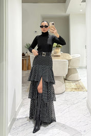 Siyah Puantiyeli Fırfırlı Kat Kat Kemerli ETek SY-3525-Siyah