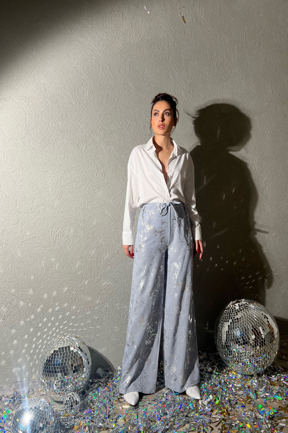 Gri Varak Baskılı Beli Lastikli Bol Paça Pantolon SY-1407-Gri