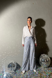 Gri Varak Baskılı Beli Lastikli Bol Paça Pantolon SY-1407-Gri