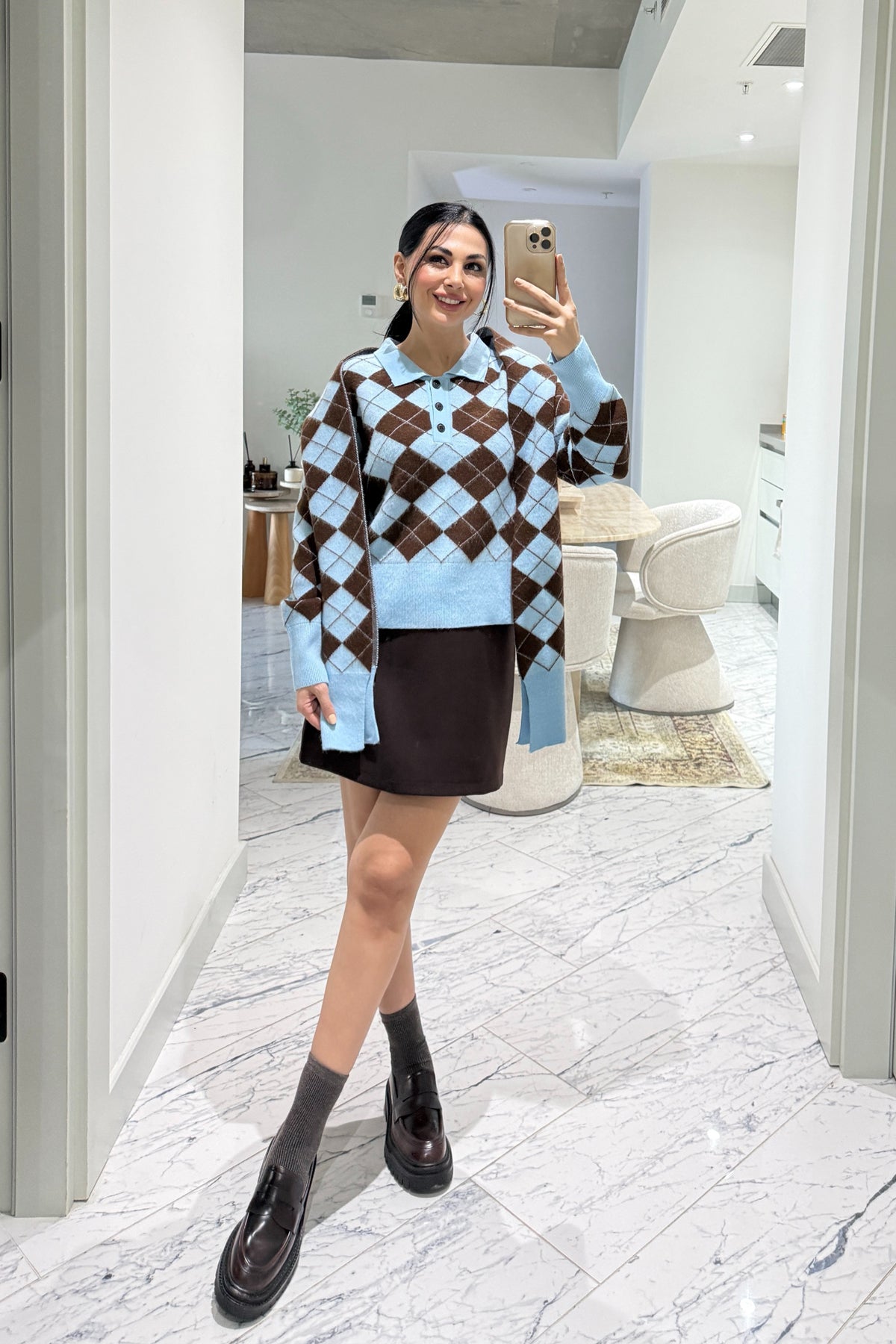 Kendinden Şallı Baklava Desenli Polo Yaka Triko SY-3563-Mavi