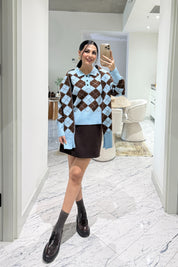 Kendinden Şallı Baklava Desenli Polo Yaka Triko SY-3563-Mavi