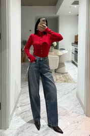 Kırmızı Dik Yaka Çıtçıtlı Triko Kazak SY-3502-Kırmızı