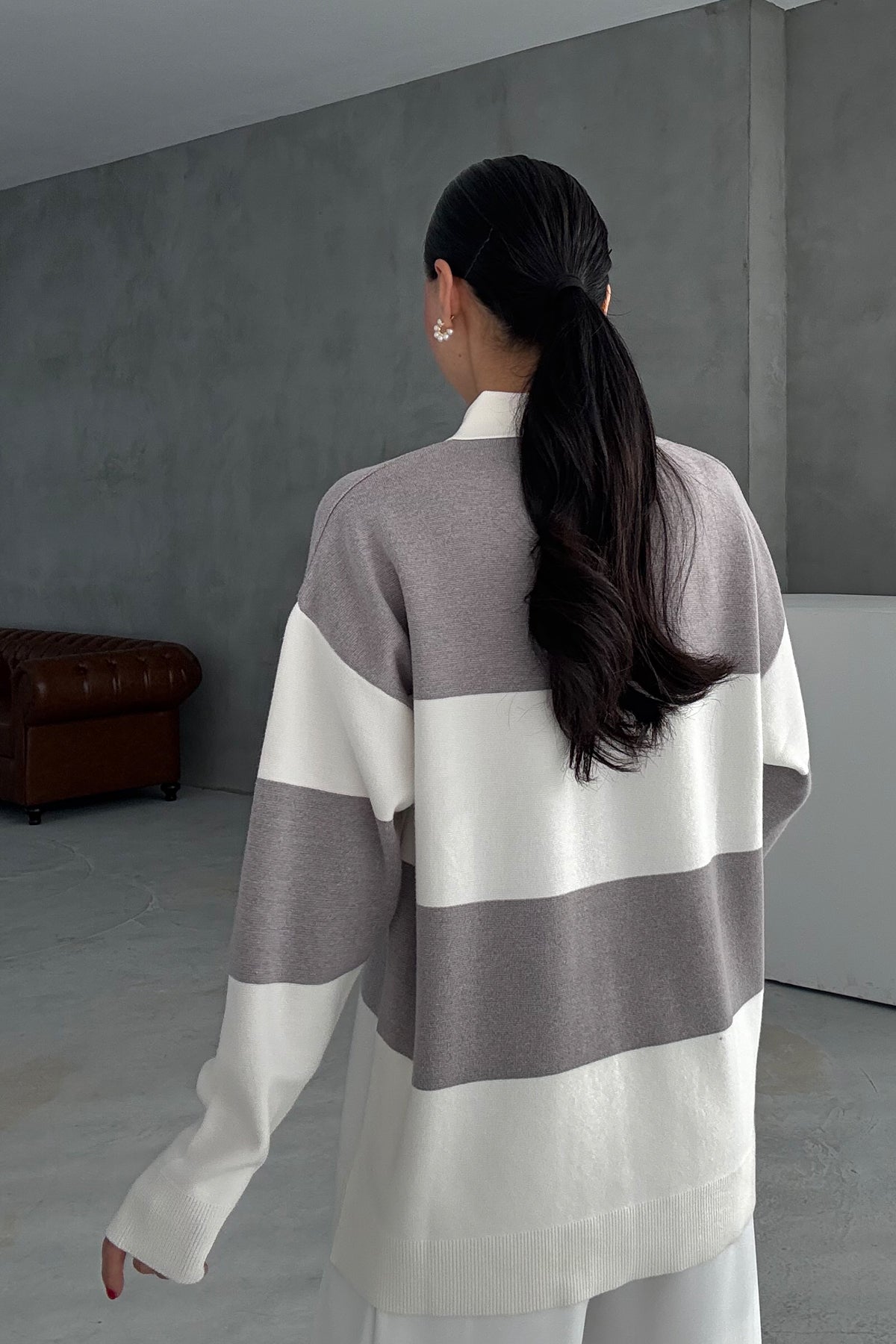 Gri Çizgili Polo Yaka Kazak SY-3439-Gri