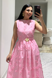 Santorini Çiçek Desenli Midi Elbise-Pembe SY-3661-Pembe