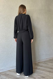 Siyah Düğme Detaylı Gömlek ve Beli Lastikli Pantolon Takım SY-0976-Siyah