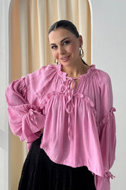 Pembe Bağlama Detaylı Bol Kol Bluz SY-3042-Pembe