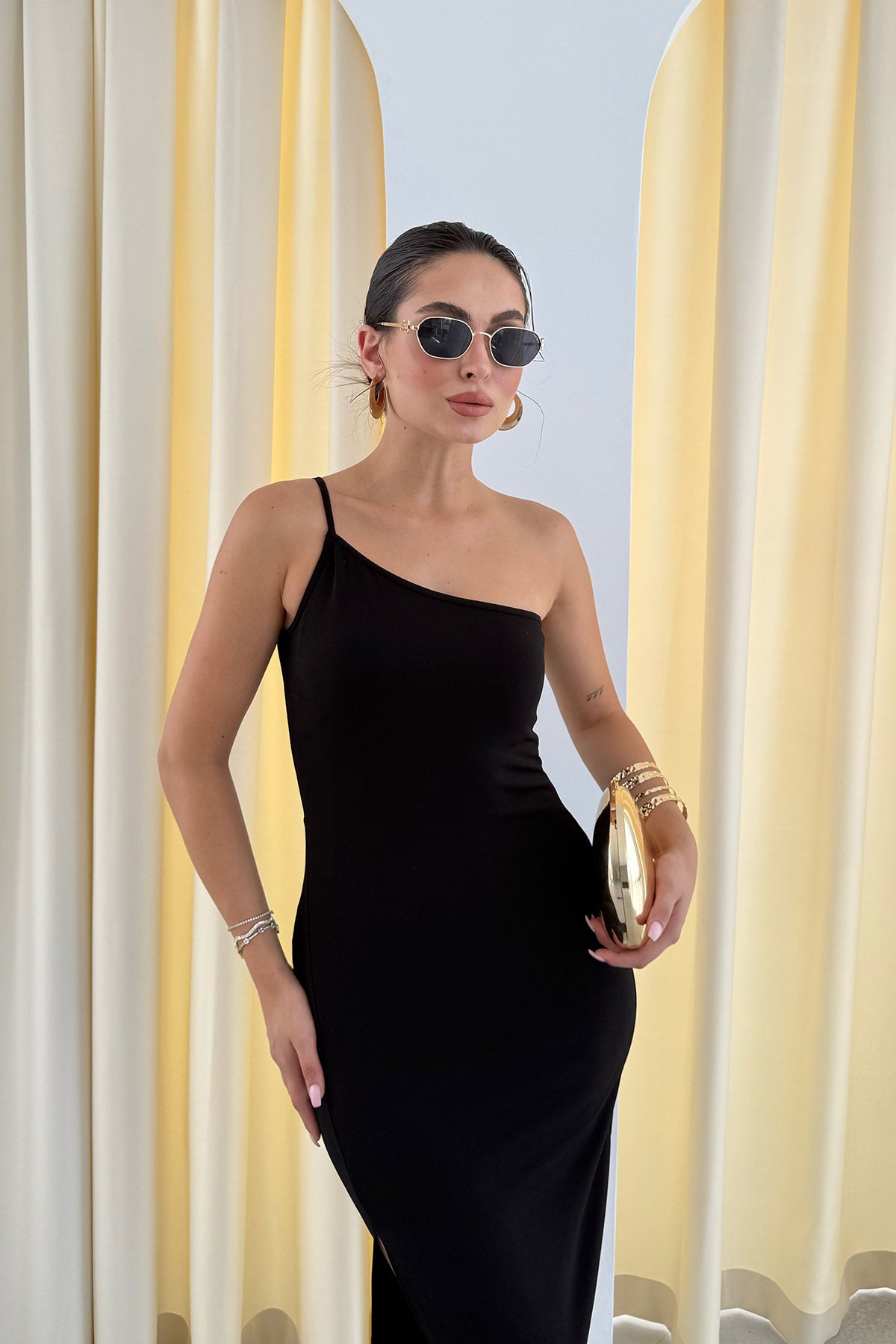 Siyah Tek Omuz Midi Boy Elbise SY-3300-Siyah